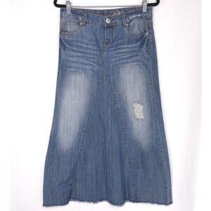 MUDD Jean Skirt Vintage Juniors 5 Faded Distressed Raw Hem Long Ankle Maxi Y2K